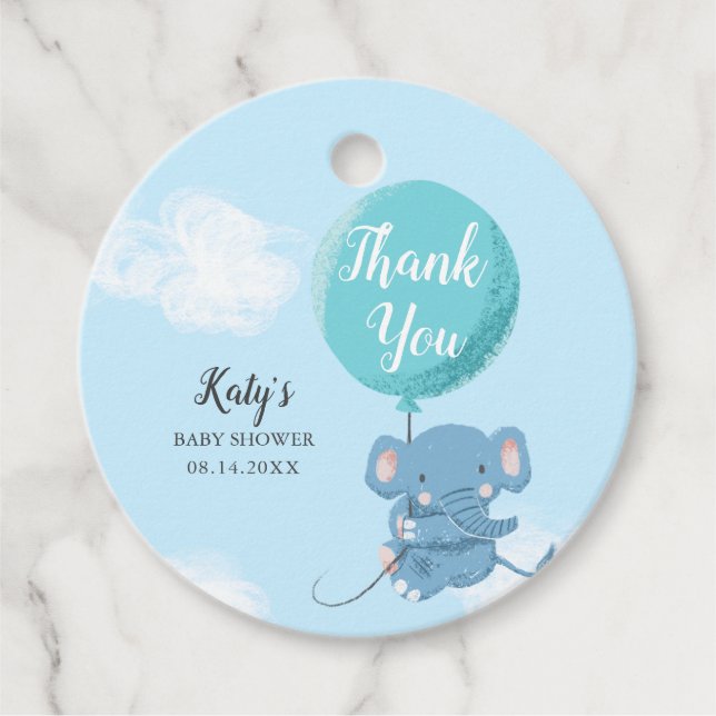 Whimsical Blue Elephant Boy Baby Dusche Geschenkanhänger (Vorderseite)