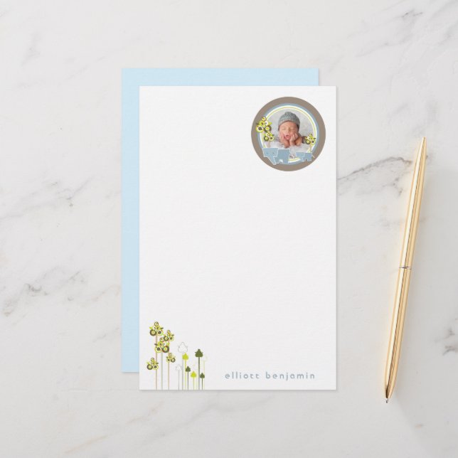 Whimsical Blue Elephants Family Baby Boy Foto Briefpapier (Vorderseite/Rückseite Beispiel)