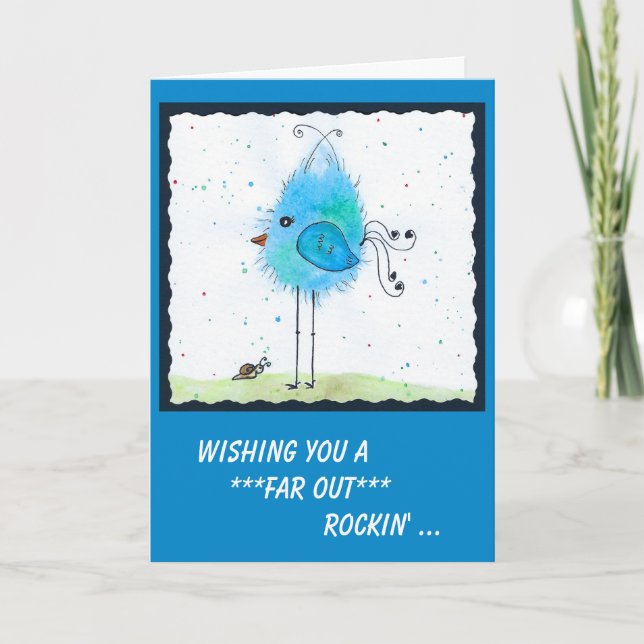 Whimsical Blue Far-out Bird Birthday Card Karte (Vorderseite)