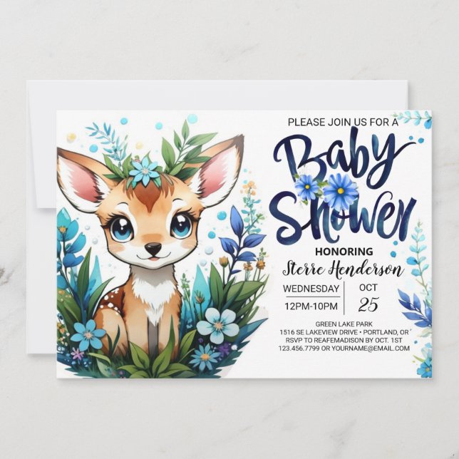 Whimsical Blue Fawn Woodland Baby Dusche für Junge Einladung (Vorderseite)