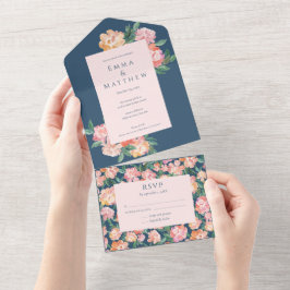 Whimsical Blue Floral Watercolor Wedding All In One Einladung