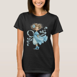 Whimsical Blue Flower Girl Cottagecore Art T-Shirt