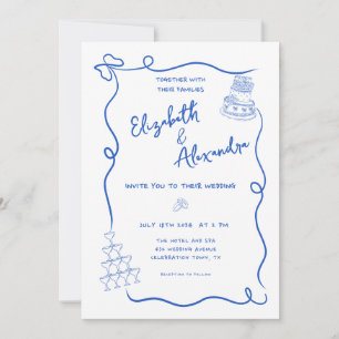 Whimsical Blue French Hand Drawn Wedding Einladung