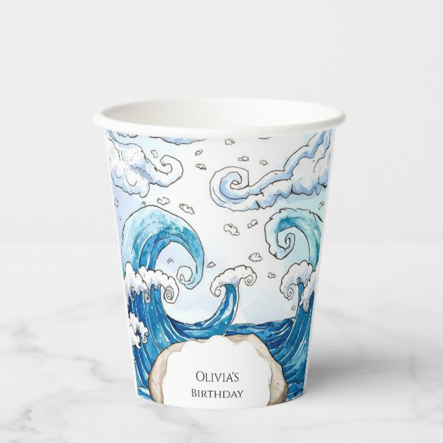 Whimsical Blue Fun Ocean Waves Geburtstag Pappbecher (Vorderseite)