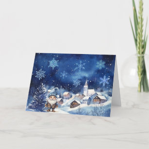 Whimsical Blue Gnome & Snowflakes Weihnachtskarte Feiertagskarte