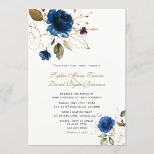 Whimsical Blue Gold Blume Monogram Wedding Einladung