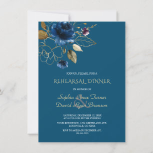 Whimsical Blue Gold Blume Probe Dinner Einladung