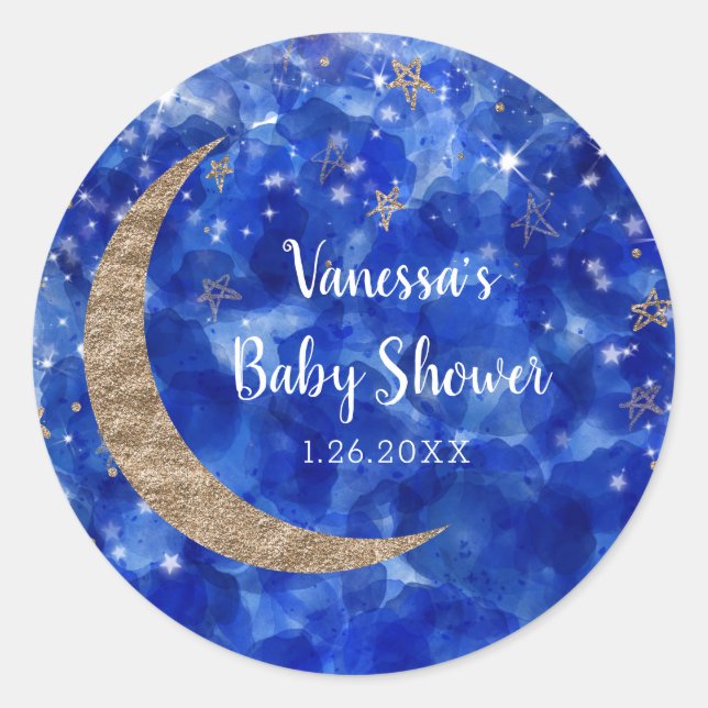 Whimsical Blue Gold Bronze Moon Stars Baby Dusche Runder Aufkleber (Vorderseite)