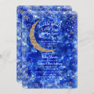 Whimsical Blue Gold Bronze Moon Stars Babydusche Einladung
