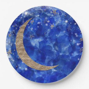 Whimsical Blue Gold Bronze Moon Stars Babydusche Pappteller