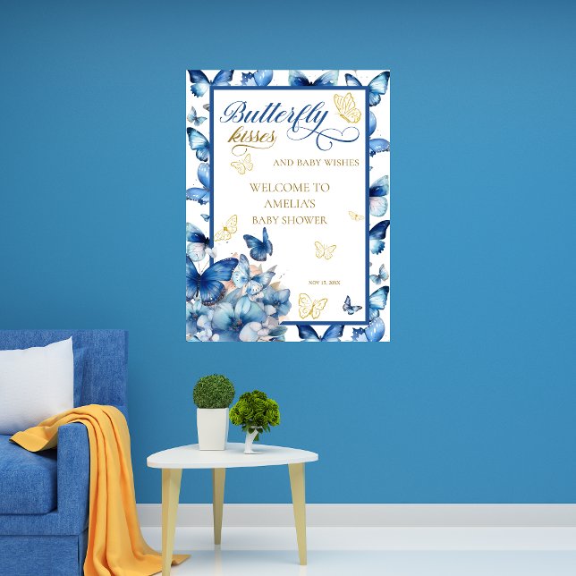 Whimsical Blue Gold Butterfly Kisses Baby Dusche Poster (Von Creator hochgeladen)