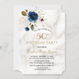 Whimsical Blue Gold Floral 50. Geburtstag Einladung
