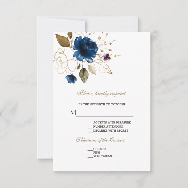 Whimsical Blue Gold Floral Wedding RSVP (Vorderseite)