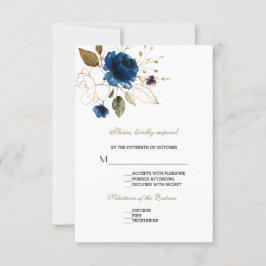 Whimsical Blue Gold Floral Wedding RSVP Karte