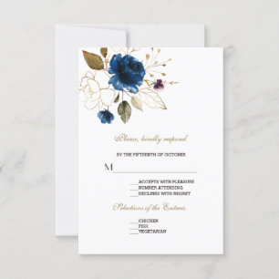 Whimsical Blue Gold Floral Wedding RSVP Karte
