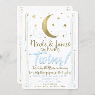 Whimsical Blue Gold Moon Stars Twins Baby Dusche Einladung