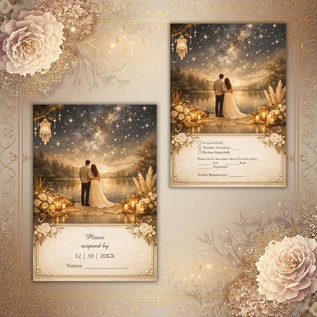 Whimsical Blue Gold Starry Night outdoor wedding RSVP Karte (Von Creator hochgeladen)