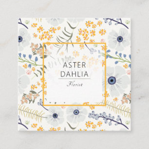 Whimsical Blue Gray Yellow Flowers Quadratische Visitenkarte