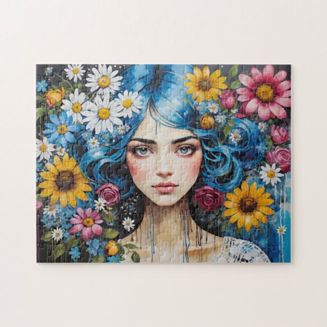 Whimsical Blue Hair Girl mit Blume Paint Tropfens Puzzle (Horizontal)