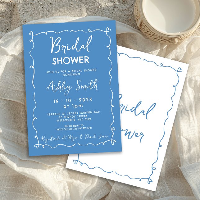 Whimsical Blue Hand Drawing Brautparty Einladung (Whimsical Blue Hand Drawn Bridal Shower Invitation, Doodle, White on Blue, Whimsical Bridal Shower)