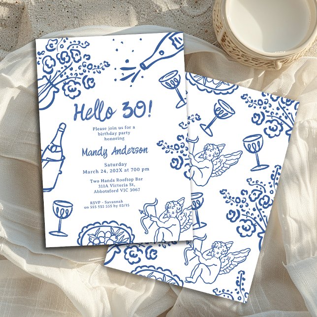 Whimsical Blue Hand Drawn 30. Geburtstag Party Einladung (Whimsical Blue 30th Birthday Invitation, Editable Any Age Whimsical Hand Drawn Birthday Invitation)