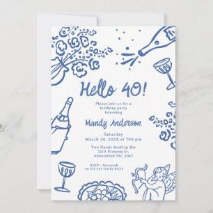 Whimsical Blue Hand Drawn 40. Geburtstag Party Einladung
