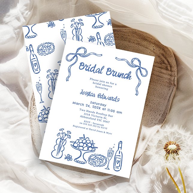 Whimsical Blue Hand Drawn Bridal Brunch Dusche Einladung (Whimsical Blue Hand Drawn Bridal Brunch Bridal Shower Invitation, Doodle, Line Drawing
Food Drink )
