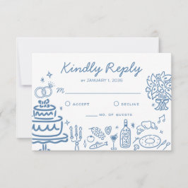 Whimsical Blue Hand Drawn Doodles Wedding Response RSVP Karte