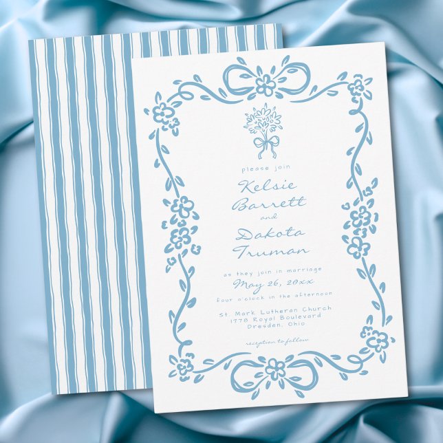 Whimsical Blue Hand Drawn Floral Stripe Wedding Einladung (Whimsical Blue Hand Drawn Floral Stripe Wedding Invitation)