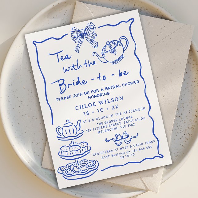 Whimsical Blue Hand Drawn Tee Brautparty Einladung (Blue Hand Drawn Bridal Tea Invitation, Tea with the Bride to Be Invite, Whimsical Tea Bridal Shower )