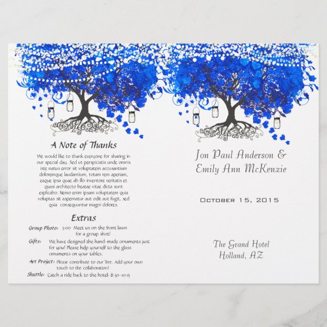 Whimsical Blue Heart Leaf Tree Hochzeitsprogramm (Vorderseite)