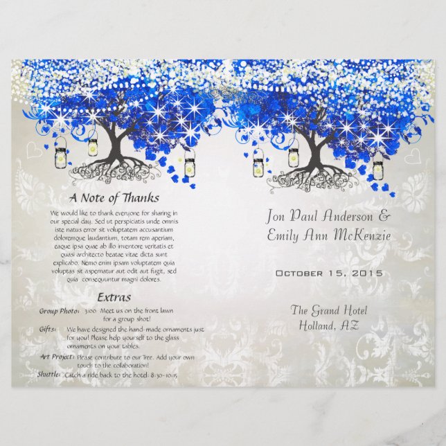 Whimsical Blue Heart Leaf Tree Hochzeitsprogramm (Vorderseite)