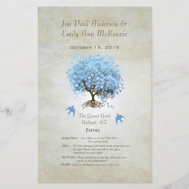Whimsical Blue Heart Leaf Tree Hochzeitsprogramm (Vorderseite)