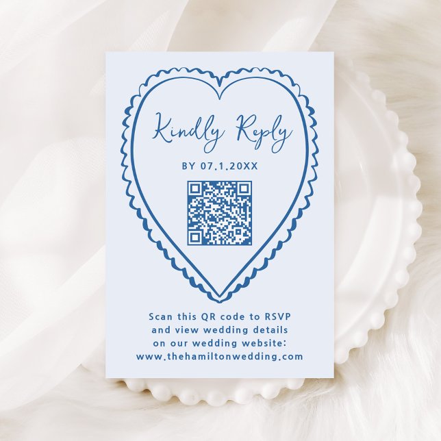 Whimsical Blue Heart QR Code Wedding RSVP Karte (Von Creator hochgeladen)