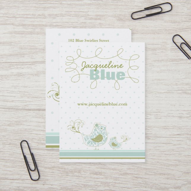 Whimsical Blue Mommy und Baby Bird Damask Wirbel Visitenkarte (Vorderseite/Rückseite Beispiel)