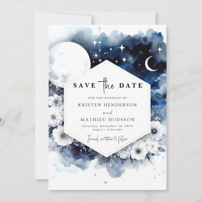 Whimsical Blue Moonlit Wedding Save The Date (Vorderseite)