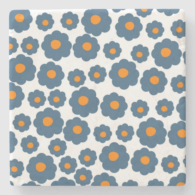 Whimsical Blue & Orange Floral Retro, fröhlich Steinuntersetzer (Vorderseite)