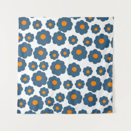 Whimsical Blue & Orange Floral Retro, fröhlich, Wandteppich