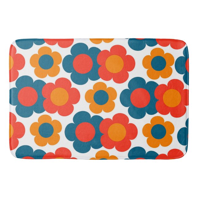 Whimsical Blue & Orange Floral Retro heiter Badematte (Vorderseite)
