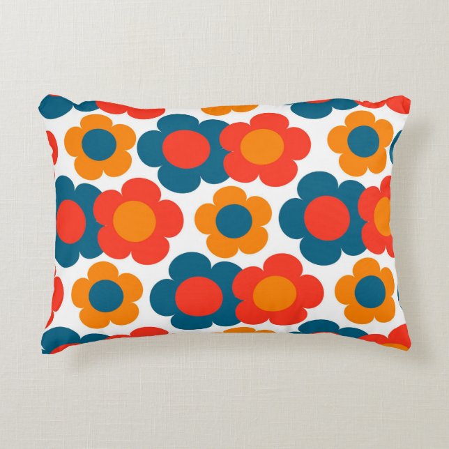 Whimsical Blue & Orange Floral Retro heiter Dekokissen (Vorderseite)
