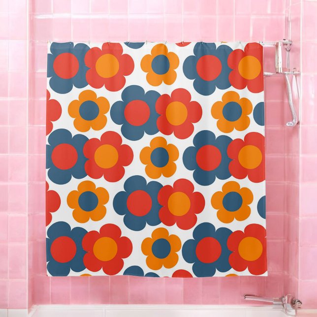 Whimsical Blue & Orange Floral Retro heiter Duschvorhang (Von Creator hochgeladen)