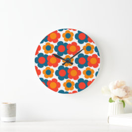 Whimsical Blue & Orange Floral Retro heiter Große Wanduhr