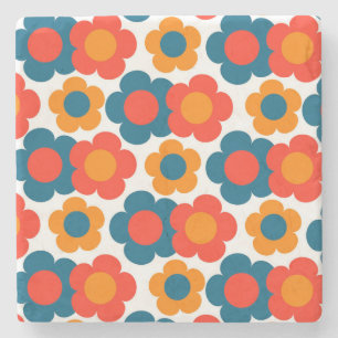 Whimsical Blue & Orange Floral Retro heiter Steinuntersetzer