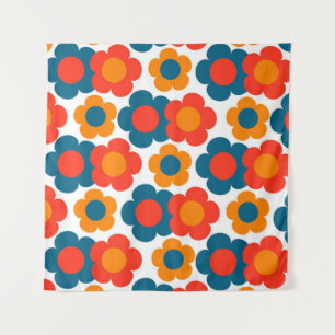 Whimsical Blue & Orange Floral Retro heiter Wandteppich