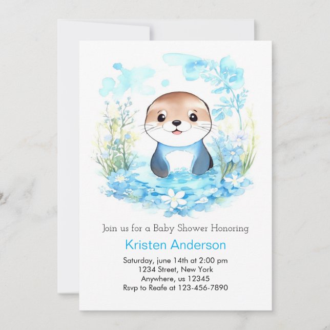 Whimsical Blue Otter Watercolor Babydusche Einladung (Vorderseite)