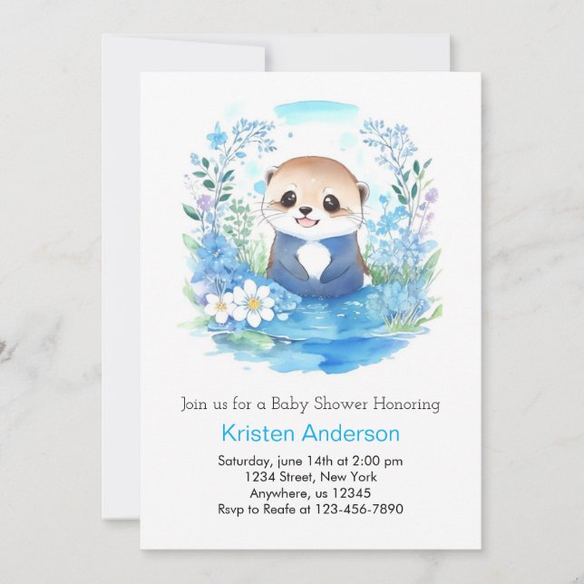 Whimsical Blue Otter Watercolor Babydusche Einladung (Vorderseite)