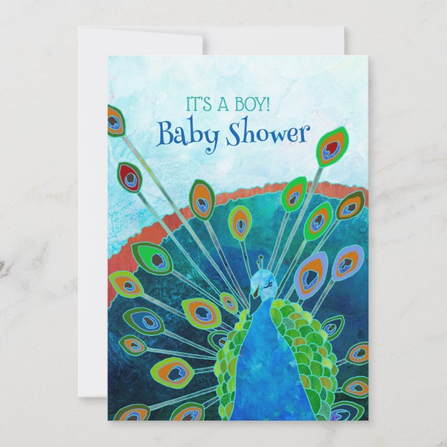 Whimsical Blue Peacock Baby Boy Dusche Einladung (Vorderseite)