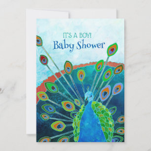 Whimsical Blue Peacock Baby Boy Dusche Einladung