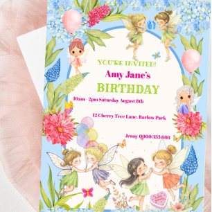 Whimsical Blue & Pink Fairy zum Geburtstag Einladu Einladung