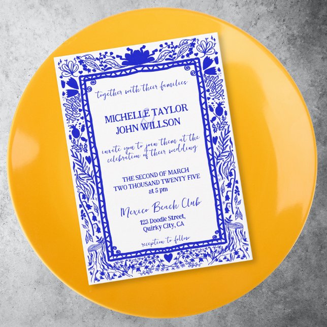 Whimsical Blue Quirky Doodle Hand gezogen Einladung (FRENCH BLUE DOODLE WHIMSICAL WEDDING FRAME INVITATION)